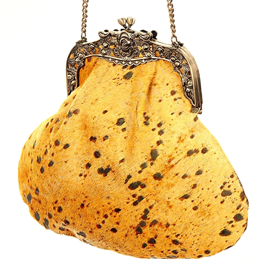 American Darling Yellow Speckled Vintage-Style Clutch with Ornate Brass Frame